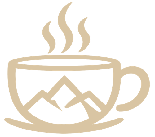 Steaming coffee cup with mountains